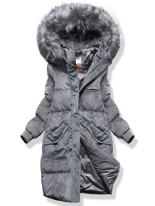 Szara sztruksowa długa zimowa kurtka z kapturem