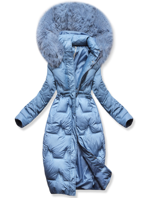 Niebieska długa zimowa unikalnie pikowana damska kurtka z kapturem