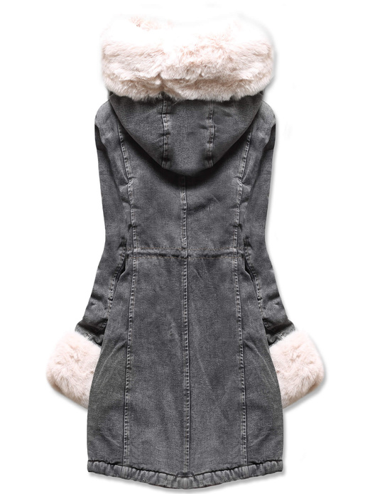 Czarna ecru jeansowa zimowa kurtka płaszczyk futro