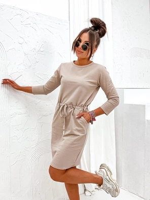 Beżowa casuwalowa sukienka damska z troczkiem