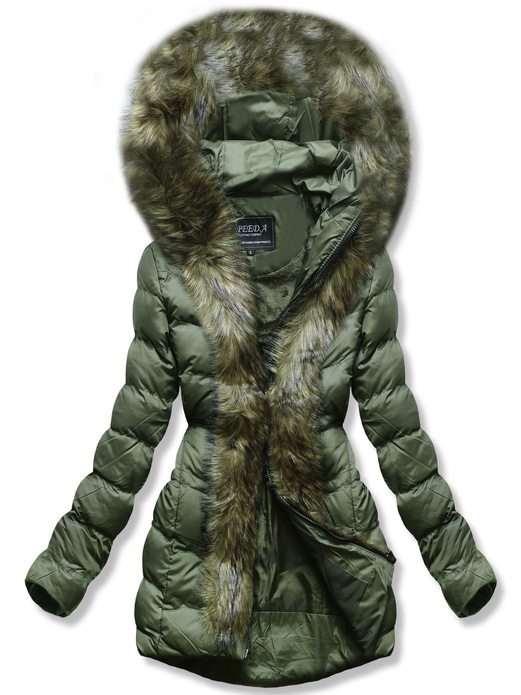 Zielona genialna ciepła parka damska z futerkiem