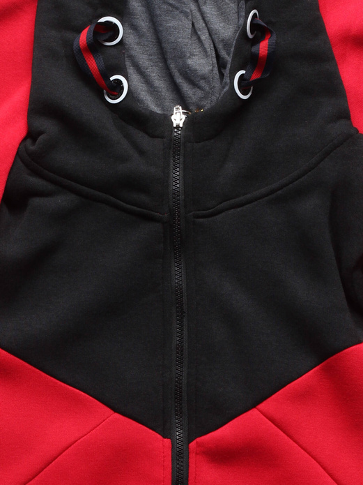 Czerwono czarny kolorowy dres damski z kapturem komplet bluza na suwak + spodnie