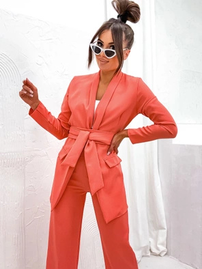 Koralowy elegancki komplet oversizowa marynarka i luźne spodnie 
