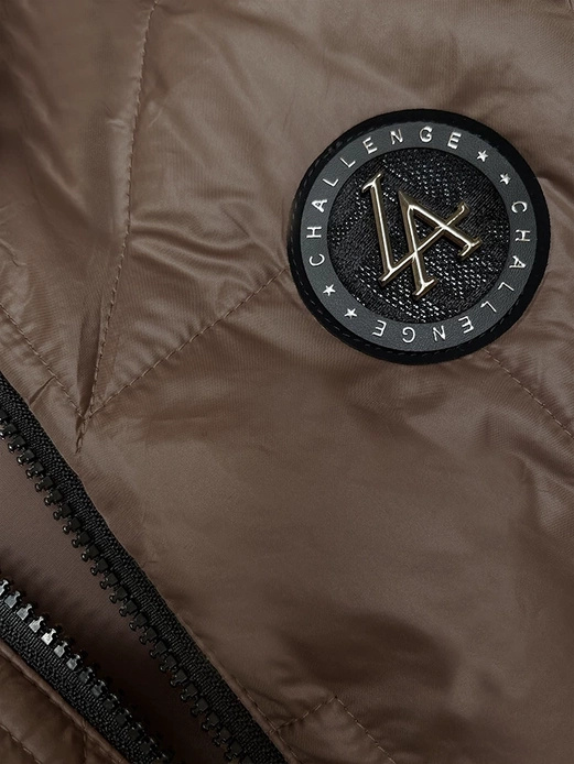 Ciemnobeżowy asymetryczny pikowany bezrękawnik kamizelka damska z kapturem