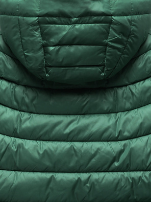Ciemnozielona zimowa kurtka pikowana z kapturem z długimi ściągaczami zapinana na suwak
