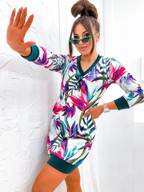 Kolorowa sukienka w serek z motywem tropikalnym 