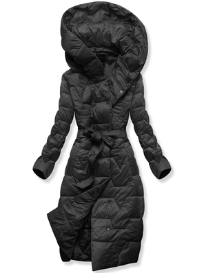 Czarny damski pikowany płaszcz zimowy z paskiem