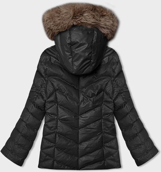 Czarna z bezowym futrem kurtka zimowa pikowana z kapturem