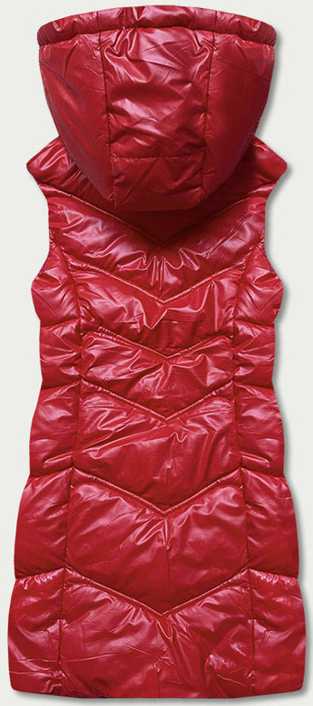 Czerwony stylowy błyszczący pikowany bezrękawnik damski z kapturem