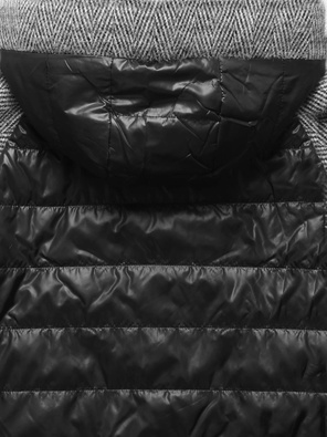 Czarna kurtka pikowana płaszcz z łączonych materiałów z kołnierzem i kapturem 