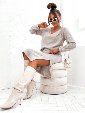 Szary melanż dzianinowy komplet damski bluzka i spódnica