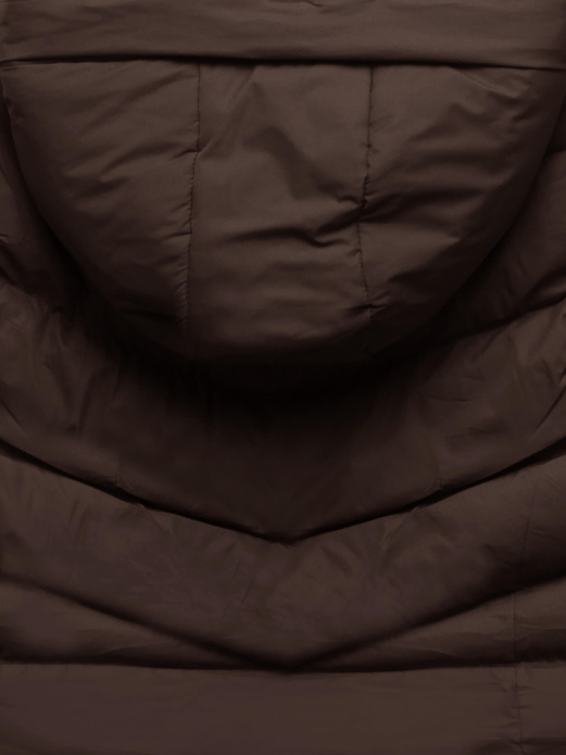 Brązowa zimowa kurtka z kapturem i kołnierzem płaszcz pikowany na suwak