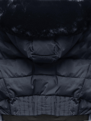 Granatowa puchowa pikowana kurtka z kapturem i paskiem