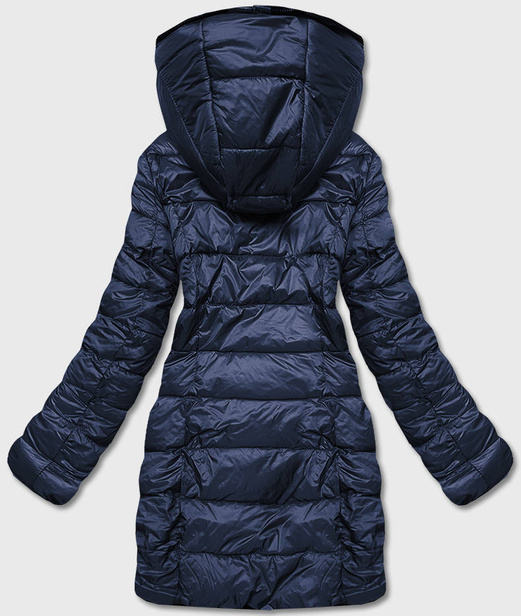 Granatowa długa fantastyczna dwustronna zimowa pikowana kurtka futerko