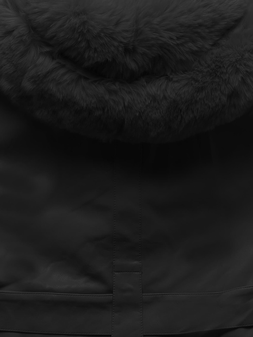 Czarna futrzana damska zimowa kurtka wstawki z elementami z ekoskóry