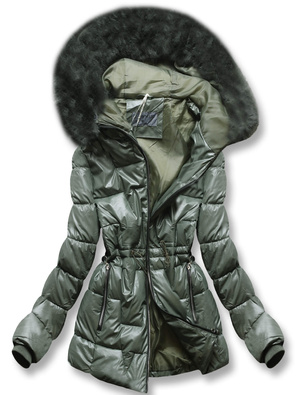 Khaki zimowa śliczna kurtka z paskiem w tali