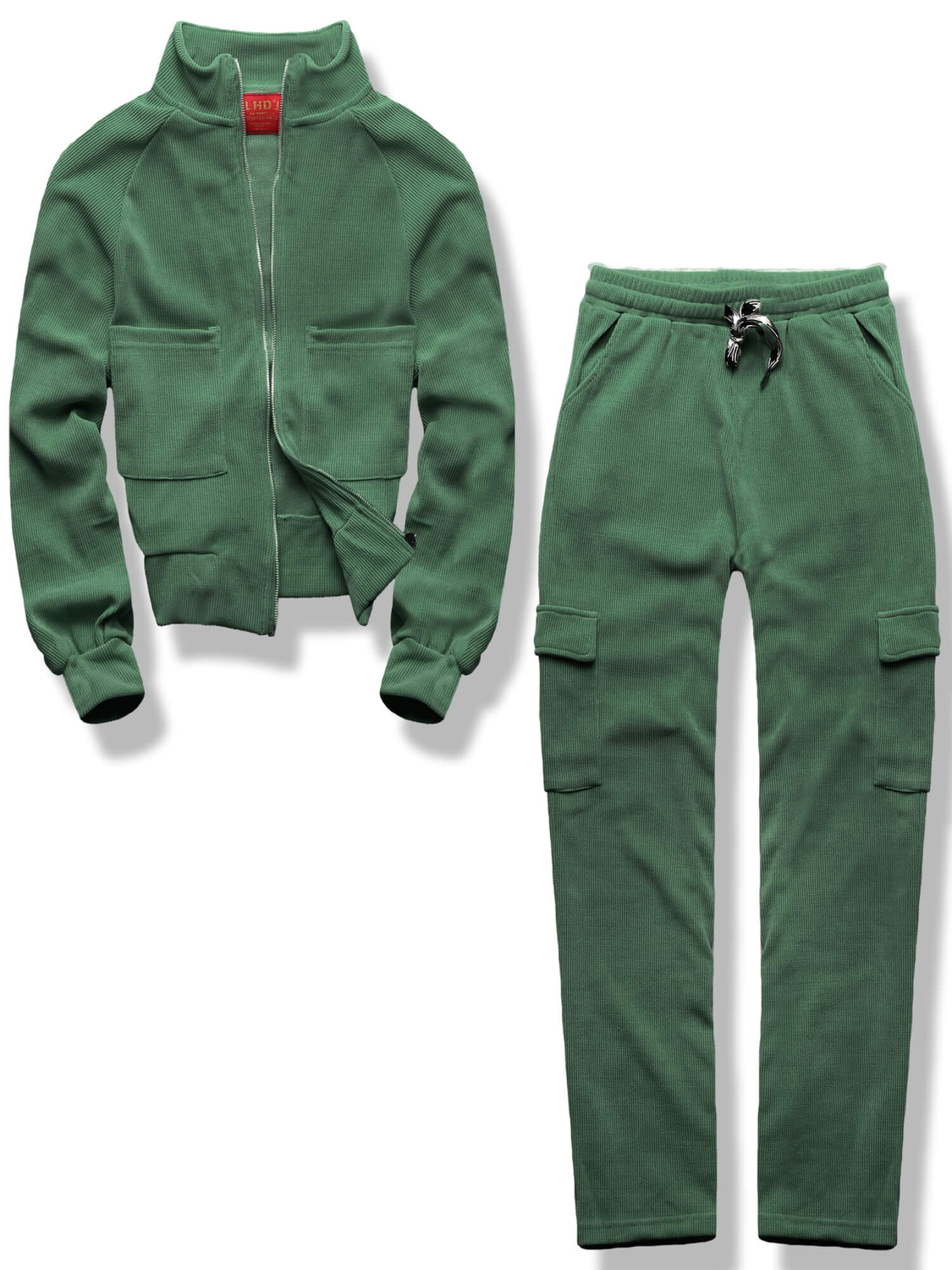 Zielony prążkowany dres komplet ze stójką