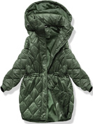 Khaki oversizowa zimowa damska pikowana w karo kurtka z kapturem