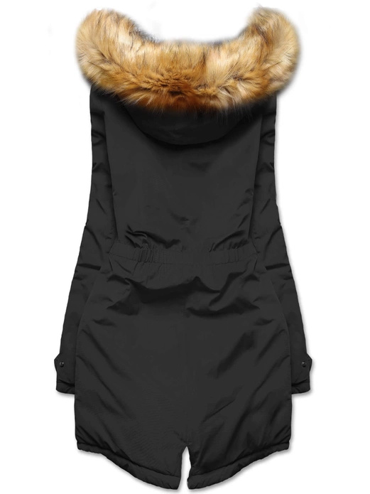 Czarno karmelowa długa dwustronna ciepła kurtka parka z kapturem z odpinanym futerkiem