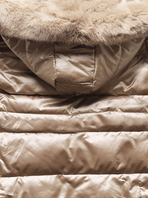 Beżowa śliczna pikowana zimowa kurtka damska z kapturem