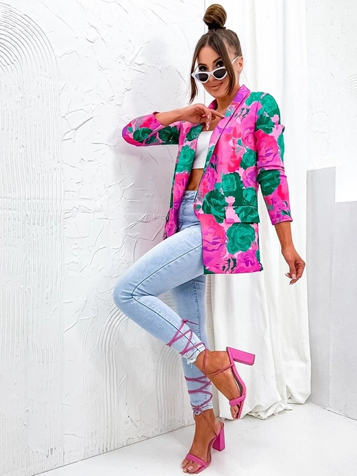 Fuksja zielony damska marynarka żakiet w kwiaty