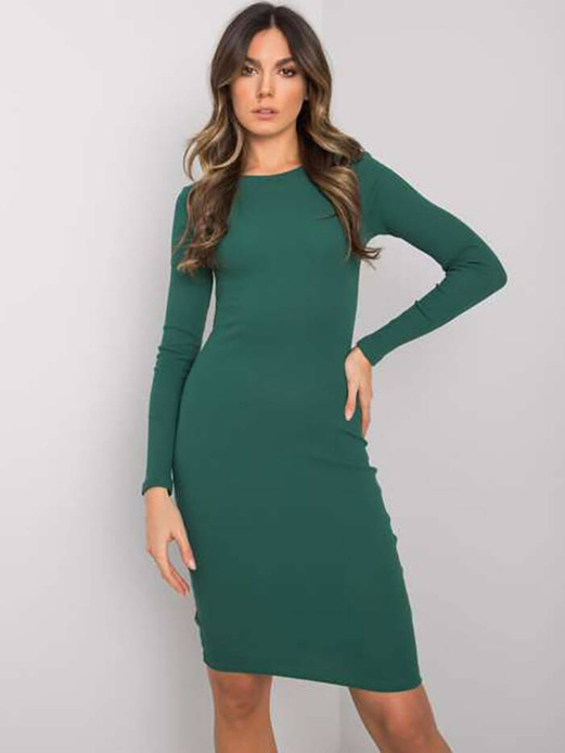 Ciemnozielona klasyczna, prążkowana sukienka, basic elegance z długim rękawem