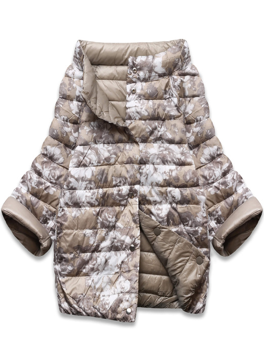 Beżowa trapezowa przejściowa kurtka z rękawami 3/4 dwustronna gładka / kwiaty na zatrzaski