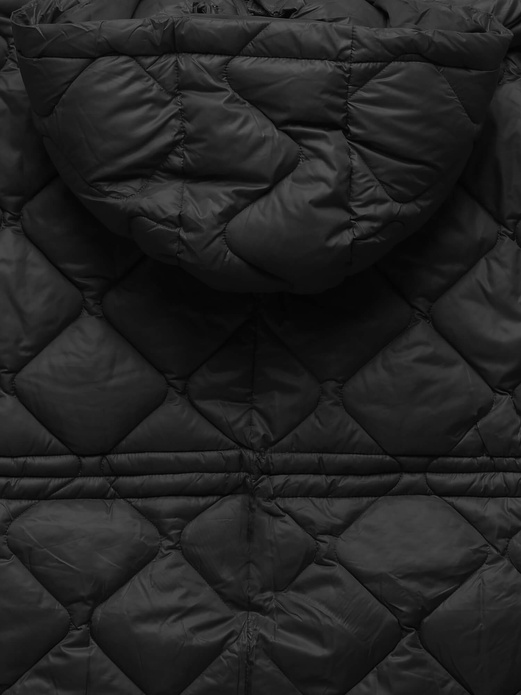 Czarna oversizowa zimowa damska pikowana w karo kurtka z kapturem