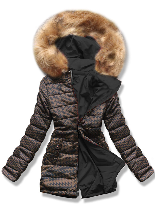 Czarno brązowa dwustronna damska kurtka pikowana z kapturem