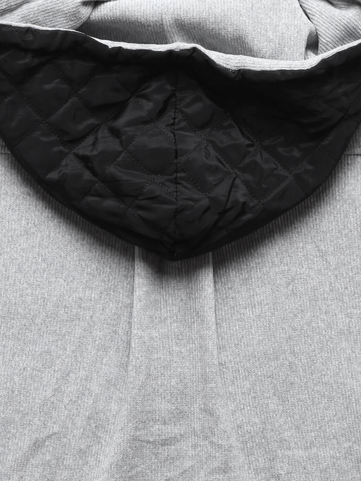 Jasnoszara bluza w prążki z łatami i z kapturem zapinana na suwak