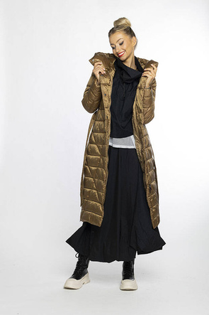 Złotobrązowy cudowny długi płaszcz kurtka pikowana z kapturem