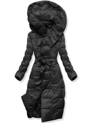 Czarny damski pikowany płaszcz zimowy z paskiem