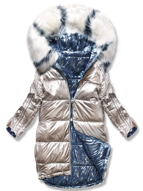 Granatowo beżowa błyszcząca kurtka płaszczyk z kapturem