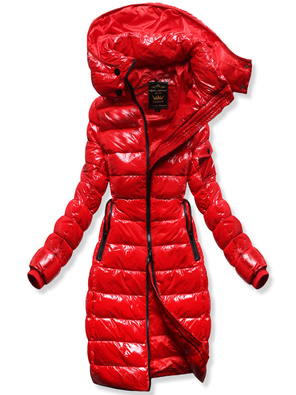 Czerwona lakierowana damska zimowa kurtka z kapturem