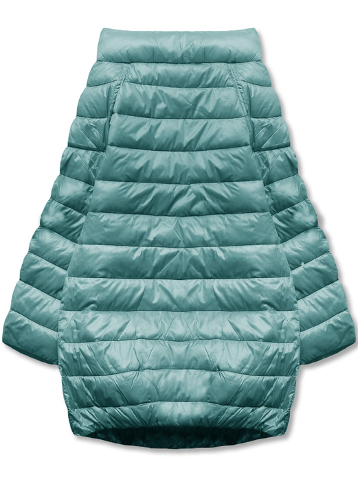 Miętowa trapezowa przejściowa kurtka z rękawami 3/4 dwustronna gładka / kwiaty na zatrzaski