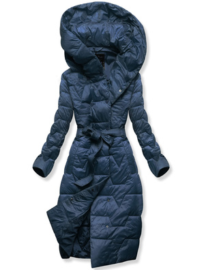 Granatowy damski pikowany płaszcz zimowy z paskiem