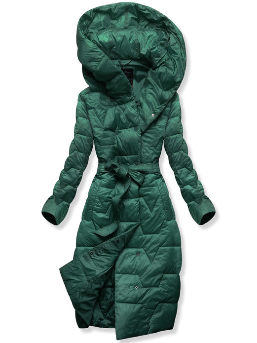 Zielony damski pikowany płaszcz zimowy z paskiem