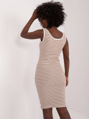 Beżowo biała obcisła sukienka w paski