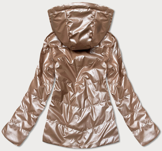 Jeanobrązowa dwustronna przejściowa kurtka damska z kapturem geometryczne wzory