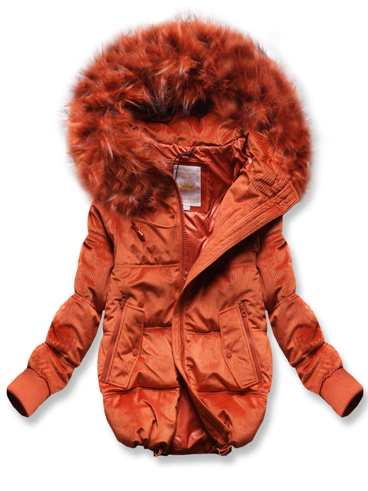 Ceglana damska kurtka sztruksowa z kapturem