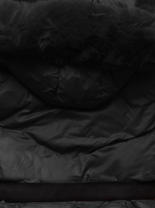 Czarna pikowana zimowa kurtka z kapturem i paskiem