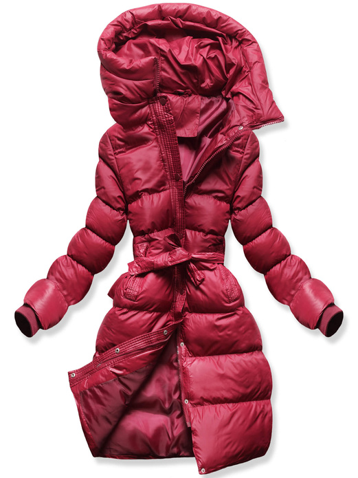 Bordowa genialna zimowa pikowana kurtka damska z kapturem