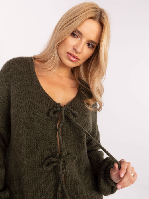 Khaki gładki i luźny sweter cardigan bluzka basic wiązany