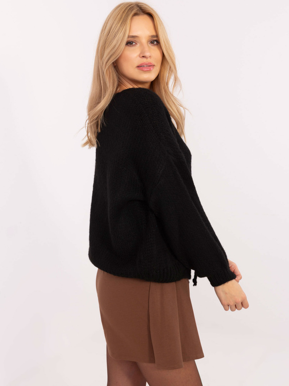 Czarny gładki i luźny sweter cardigan bluzka basic wiązany
