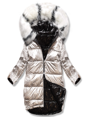 Czarno beżowa błyszcząca kurtka płaszczyk z kapturem