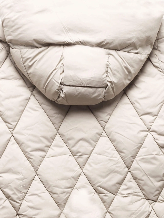 Ecru długa pikowana w karo ciepła zimowa kurtka damska z kapturem