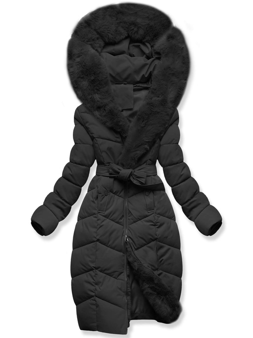 Czarna ciepła zimowa pikowana kurtka z futrzanym kapturem