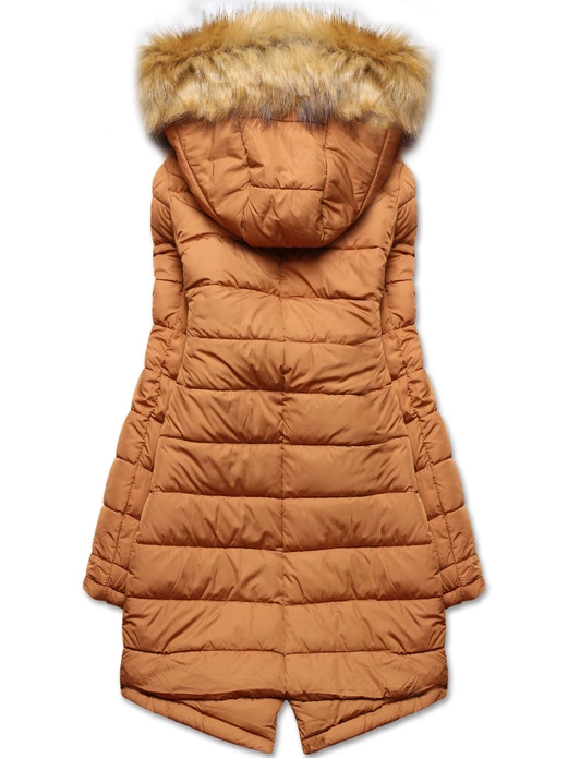 Czarno karmelowa długa dwustronna ciepła kurtka parka z kapturem z odpinanym futerkiem