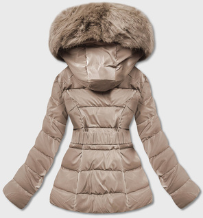 Bezowa pikowana zimowa czadowa błyszcząca kurtka z futerkiem