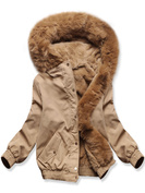 Beżowa krótka damska zimowa kurtka na futrze